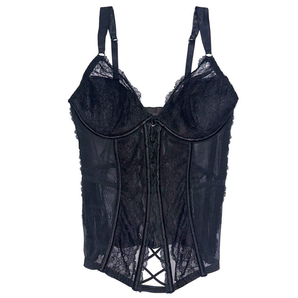 Victoria’s Secret Black Boned Lace Padded Underwire Corset Lingerie Top Size 36C